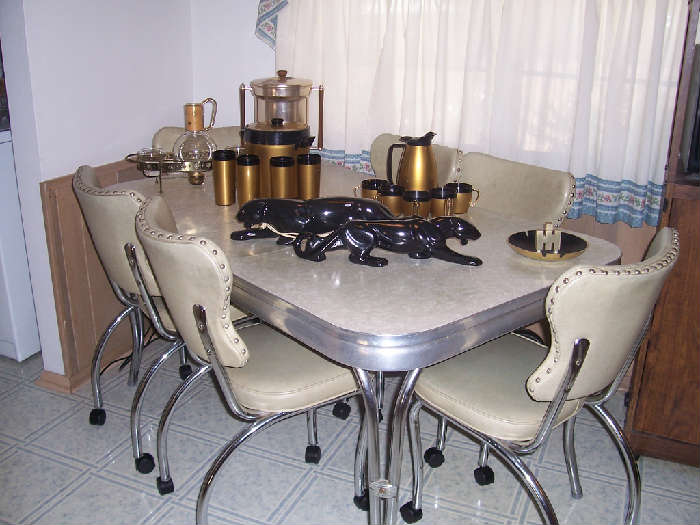 Cracked Ice Dinette w/ Leaf & 6 Chairs, Black Panther Statue, Black Panther Lamp, Ice Bucket, Coffee Urn, Carafe