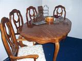 Queen Anne Table w/ Leaf & 4 Chairs, Asst. Serving Pieces