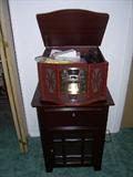 Small Dark Wood Cabinet, Replica Phonograph w, Turntable, Cassette Player, CD Player & IPOD Dock