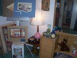 Vanity w/ Mirror, Vintage Aluminum Easel, 1 of 2 Matching Side Tables 1 of 2 Matching Pink Lamps, Design Boards