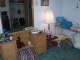 Vanity w/ Mirror, 1 of 2 Matching side Tables, 1 of 2 Matching Pink Lamps, Asst Linens