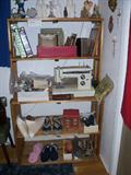 Religious Icons, Picture Frames, Sewing Machine and Sewing Items, Shoes, Wood Bakers Rack