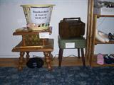 Sewing Box, Sewing Stool, Two Tiered Table w/ Yellow Glass, Asst Scarves and Ladies Handkerchiefs