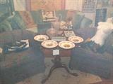 Pie crust edge table, bank bags, coin trays, Barrel back chairs, etc.