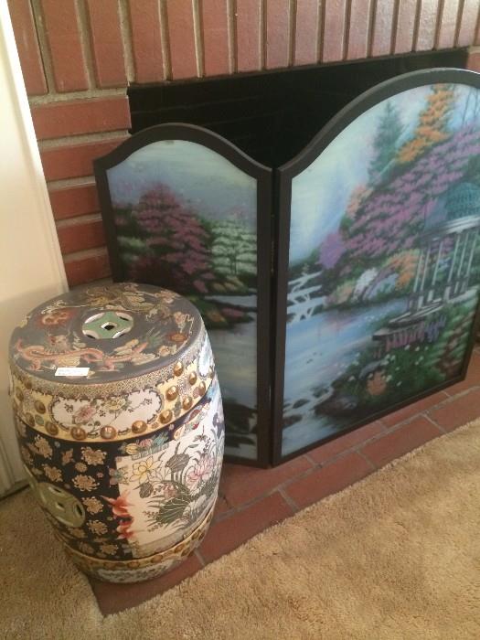 Asian garden stool; painted fireplace screen