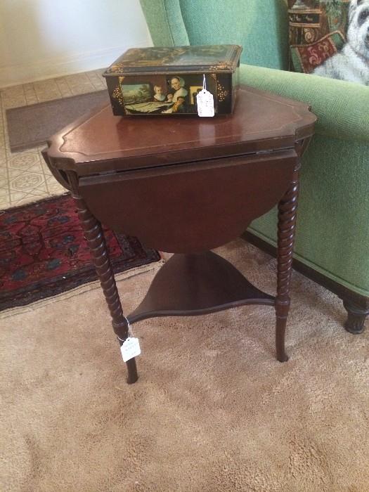 Small dropleaf table; vintage tin