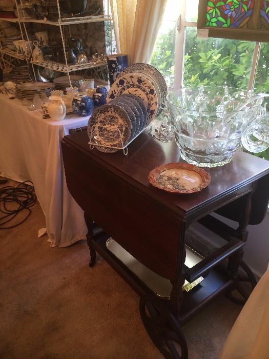 Assorted blue & white plates; tea cart; punch bowl