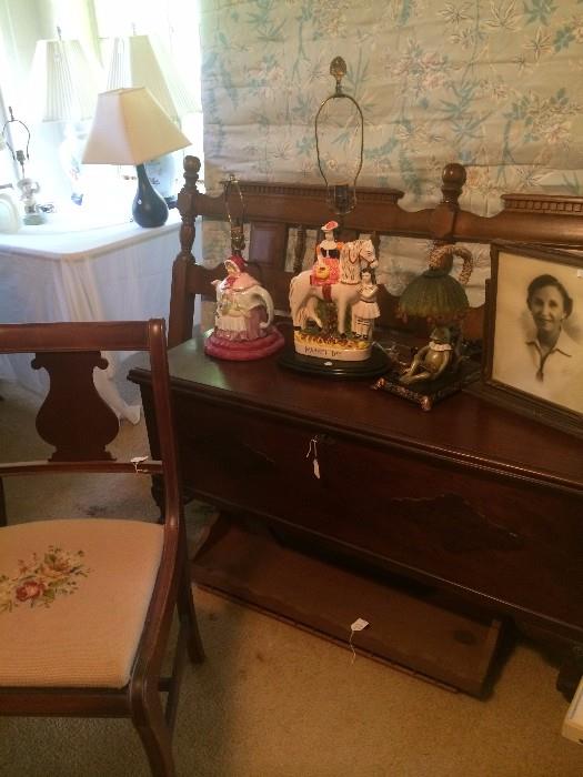Cedar chest; chair with needlepoint seat