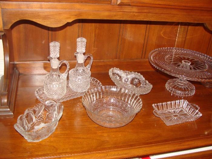 Vintage Glassware including Cruets, Bowls, Pedestal Plate, etc