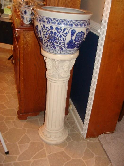 Pedestal with Blue & Grey Stoneware Vase