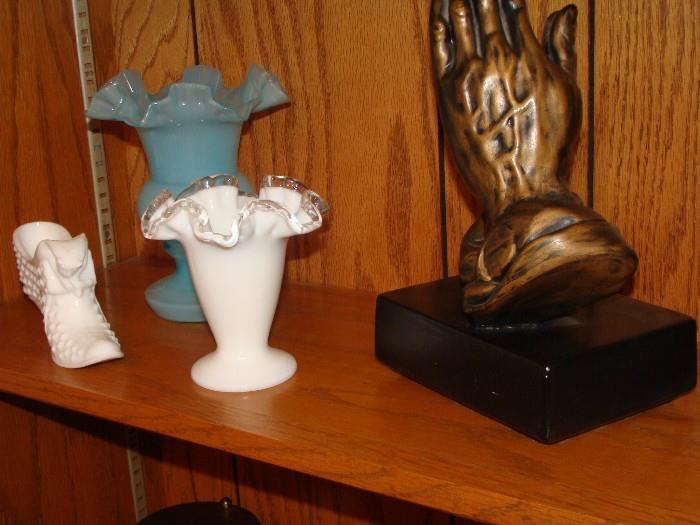 Vintage Fenton Glass Slipper, Case Glass Vase, and Blue Glass Vase with Praying Hands book ends