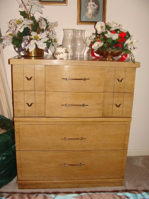 Vintage Bedroom Set in Blond Oak stamped "Mainline by Hooker in Mirrored Dresser and Chest Drawers features mirrored dresser, headboard and chest.