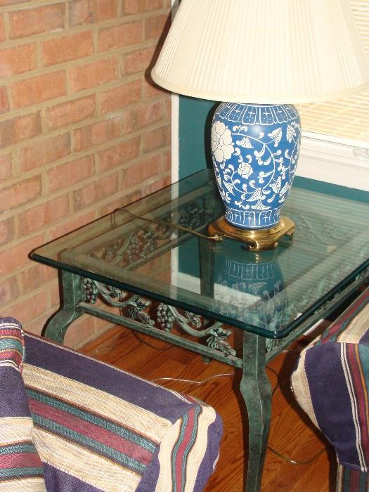 Beautiful Glass and Wrought Iron Sofa Table and matching End Tables