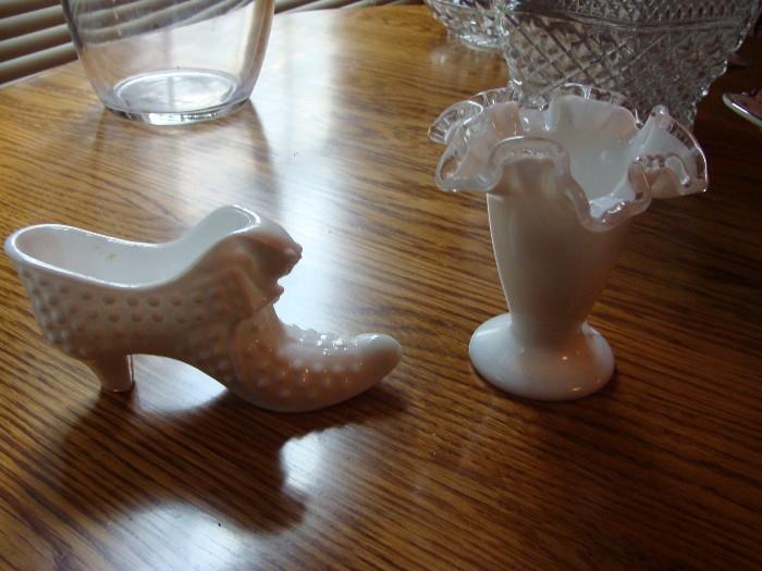 Fenton Glass Slipper and Cased Milk Glass Vase
