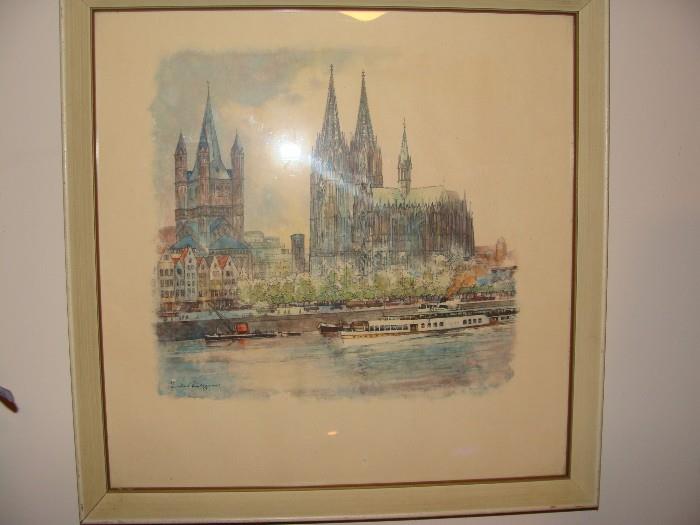 Painting River and Cathedrals, signed 15 1/4 x 15 1/4, signed
