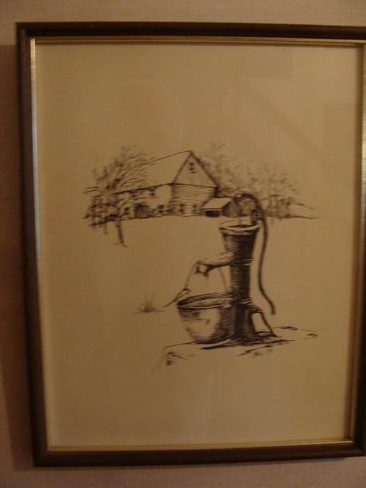 Drawing of antique well hand pump by John(?) '79 measures 12 x 15