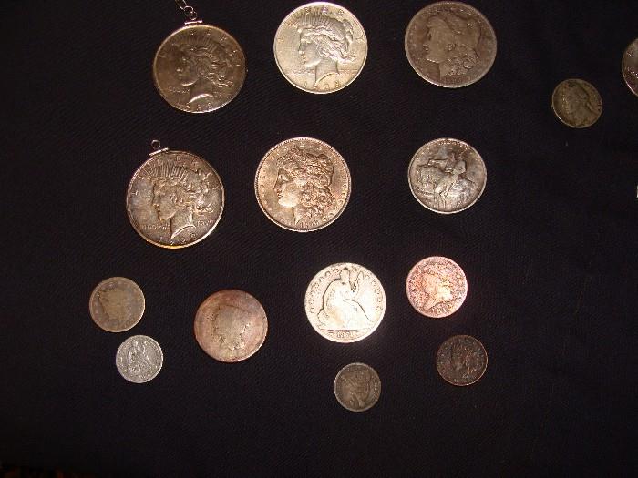 US Coins - (not in order) - Silver Dollars all Morgan ( 1928, 1923 (2), 1890 (2 - O & no mint), 1874 Half Dollar, 1925 Stone Mtn. Half Dollar, US Cent ( date worn off ), 1810 Liberty Half Cent, 1891 & 1896 Dimes, 1946 S Penny, 1863 Indian Head, 1951 D Penny, 1888 V Nickel, 1876 & 1891 Dimes plus other US coins and Foreign Coins