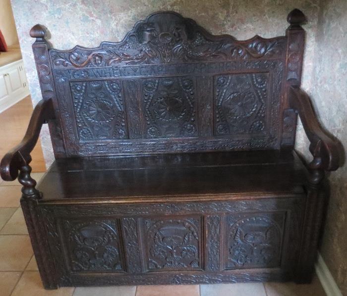 Hand-carved bench, English Oak Settle bench