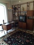 Danish modern desk and wall unit; one of several fabulous rugs; hanging light fixture