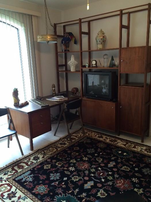 Danish modern desk and wall unit; one of several fabulous rugs; hanging light fixture