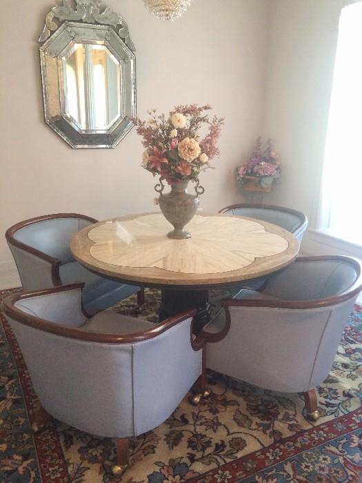 Italian mirror; marble top table with 4 blue leather chairs; 8.6 x 8.8 Persian Hamedan rug