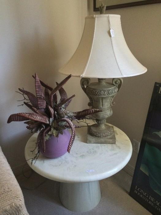 Urn lamp and contemporary table and floral arrangement