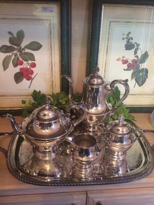 Silver plate tea service; 2 of 4 framed botanical prints