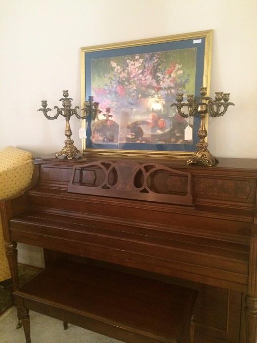 Extra nice Yamaha piano; framed art; pair of brass candelabras 