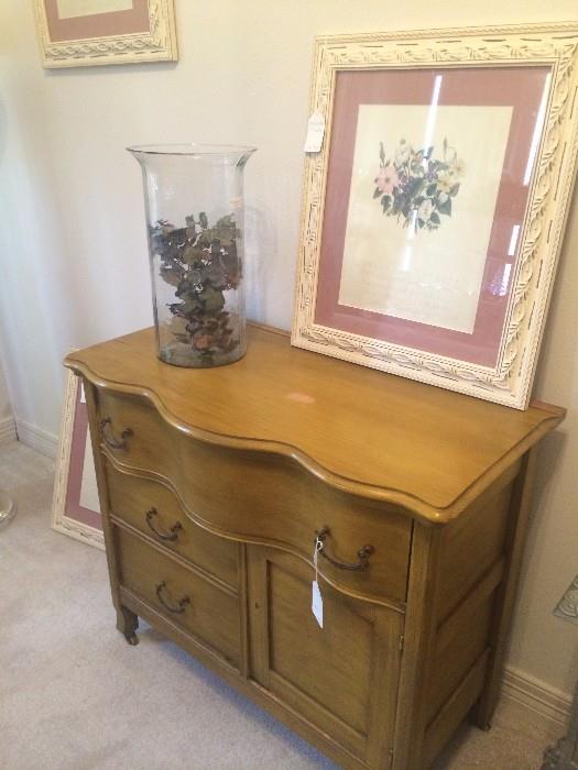 Antique wash stand; one of four framed pictures - florals with Shakespearean verses