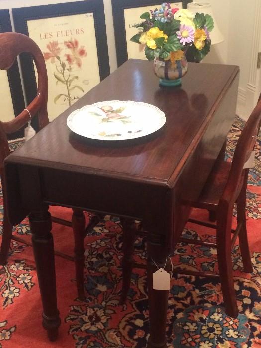 Antique Welsh drop leaf table and 2 chairs (not matching)