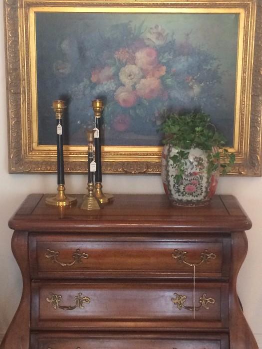 Striking 3 drawer Bombay  chest; Asian urn; more lovely framed flower art; brass candlesticks