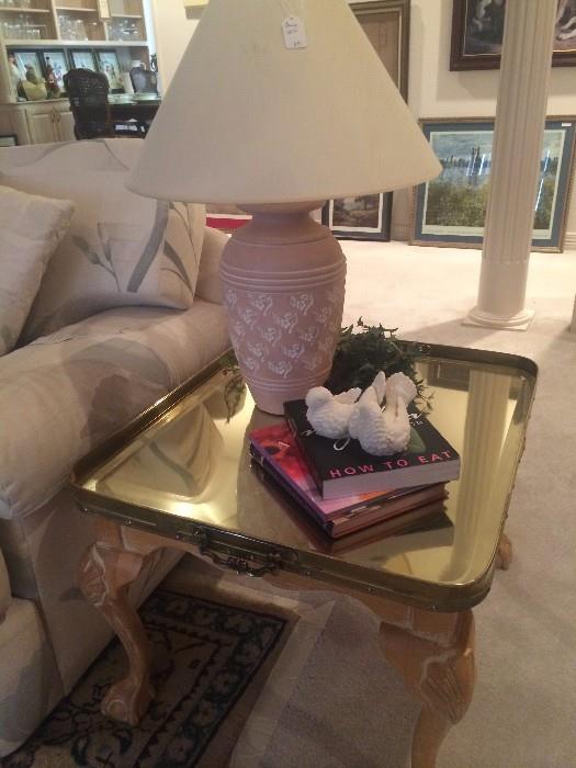 Brass tray end table; one of many lamps