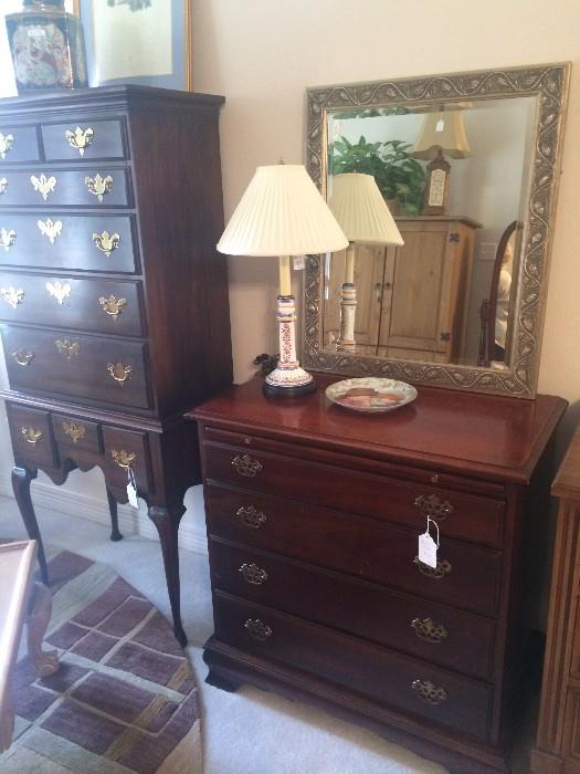 Queen Anne highboy; lovely 4 drawer chest; 1 of several available mirrors and lamps