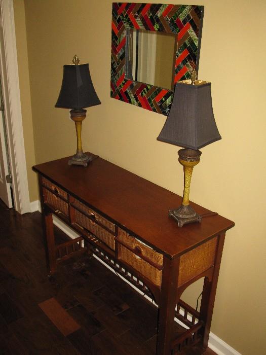 Console table, matching lamps and decorative mirror
