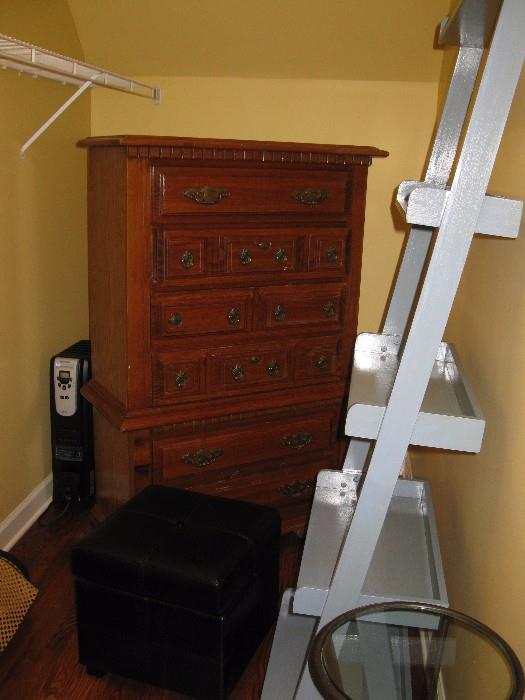 Dresser, ottoman, heater, ladder shelf