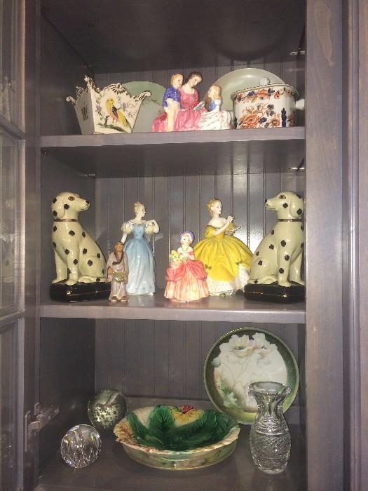 Royal Doulton ladies; Majolica; Staffordshire style dogs;