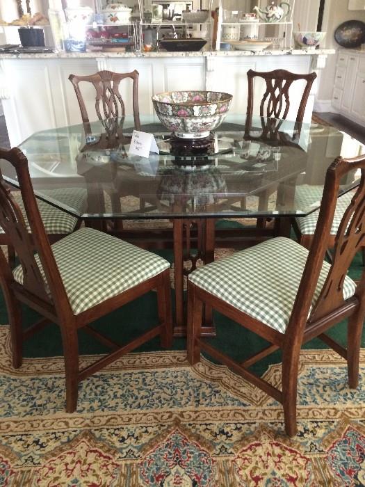 Exceptional octagon glass top dining table with 8 chairs