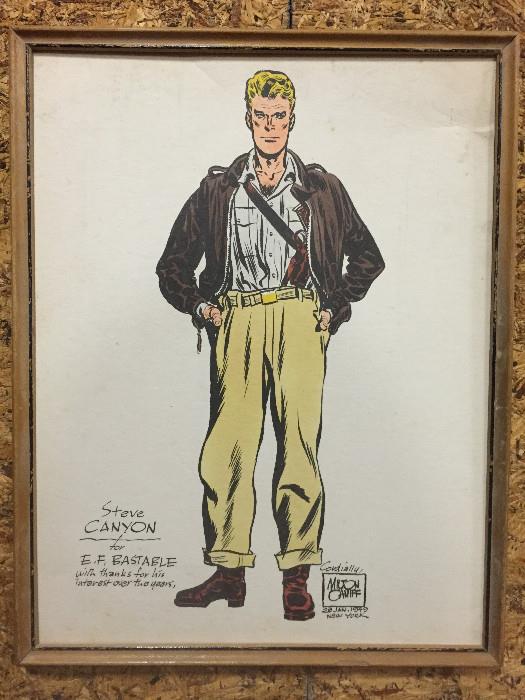 Original signed, and personalized drawing of Steve Canyon, a long-running American adventure comic strip by writer-artist Milton Caniff. Launched shortly after Caniff retired from his previous strip, Terry and the Pirates, Steve Canyon ran from January 13, 1947 until June 4, 1988, shortly after Caniff's death. Caniff won the Reuben Award for the strip in 1971.