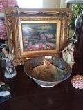 Framed oil painting; Asian bowl; figurines