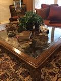 Large ornate coffee table; Staffordshire-style dog