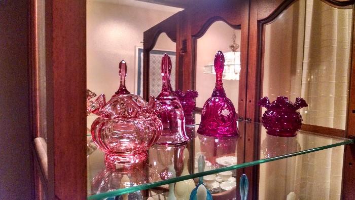Fenton pink and ruby glass and bells, some hand painted