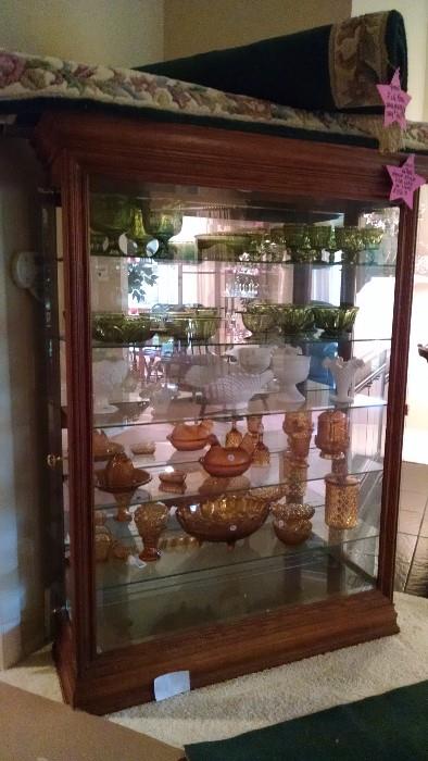 Green Glass, Milk glass, Amber glass Faerie Lamps, center pieces, aperitif glasses, fantastic Oak cabinet with mirrored back and overhead light