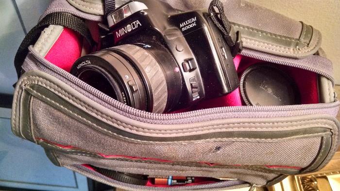 Minolta Maxxim camera with bag, accessories, and extra lens
