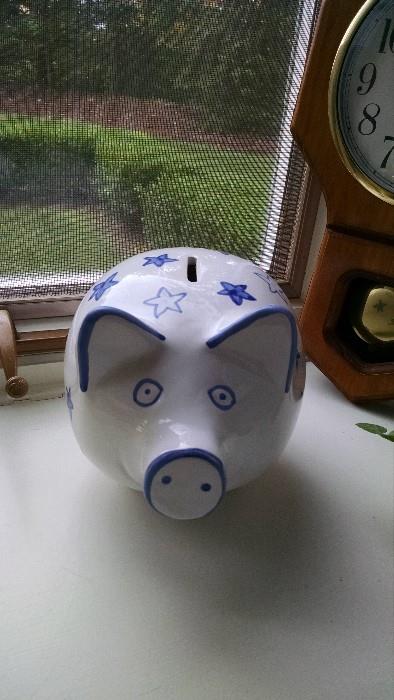Blue and white ceramic piggy bank