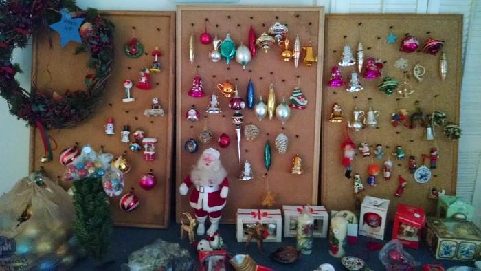 Lots of awesome vintage glass, fabric, and wood Christmas ornaments