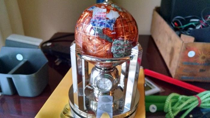 Gemstone globe with clock, temperature and barometer