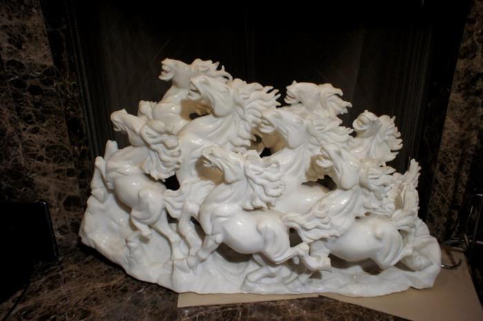 Carved Carrera Marble 49"x29" 8 Galloping Horses