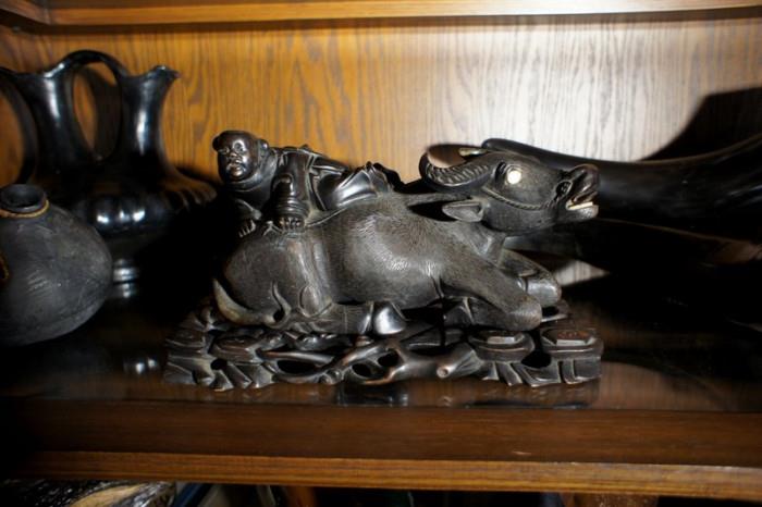 Antique Chinese Carved Black Wood Water Buffalo