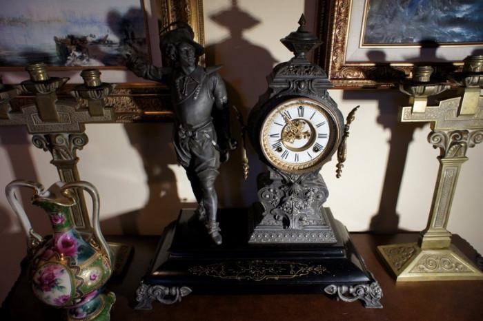 French Pewter Mantle Clock with Lacquered Base