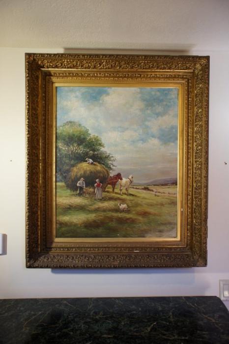 Large Oil on Canvas with Gilt Frame Dutch Country Scene